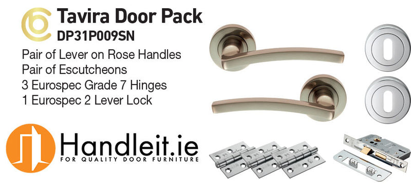 Tavira Handle,Lock And Hinges Door Pack Satin Nickel Finish – Handleit.ie